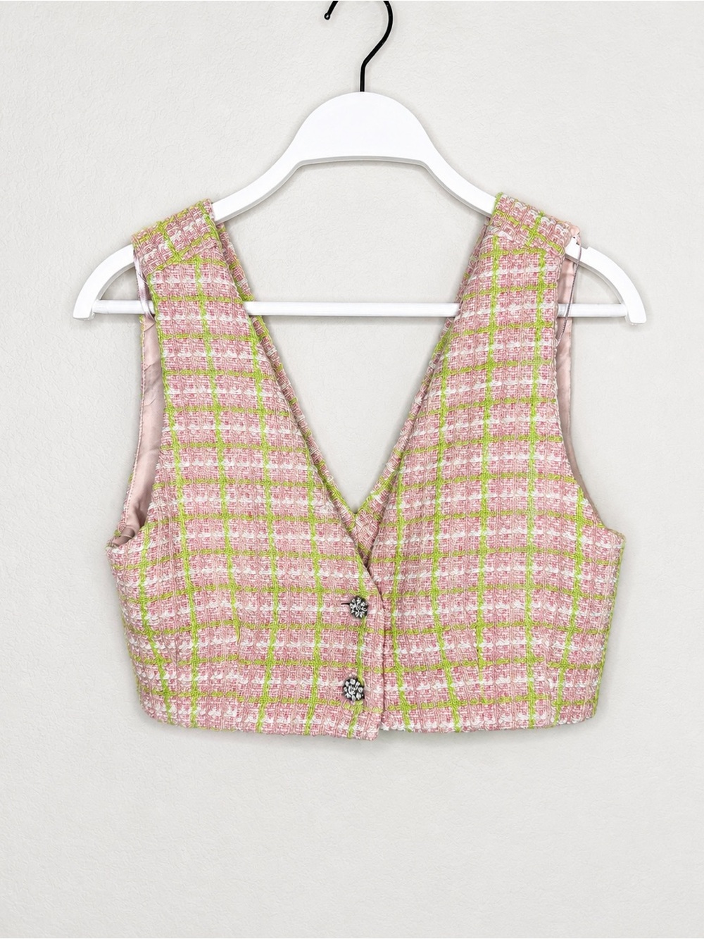Zara Pink Tweed Cropped Vest Top Lime Green Plaid Jewel Buttons Size Small